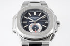 Patek Philippe wristwatch front view with dark dial, steel bracelet, and date at 28