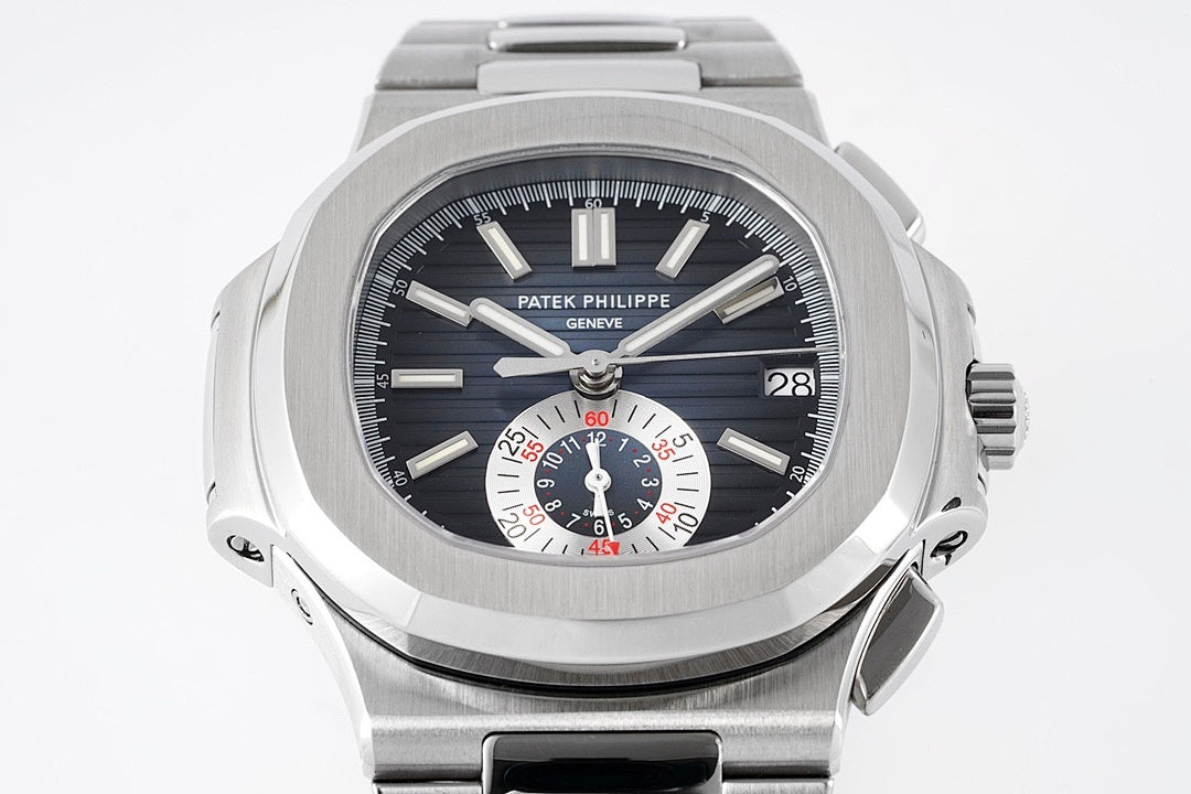 Patek Philippe wristwatch front view with dark dial, steel bracelet, and date at 28