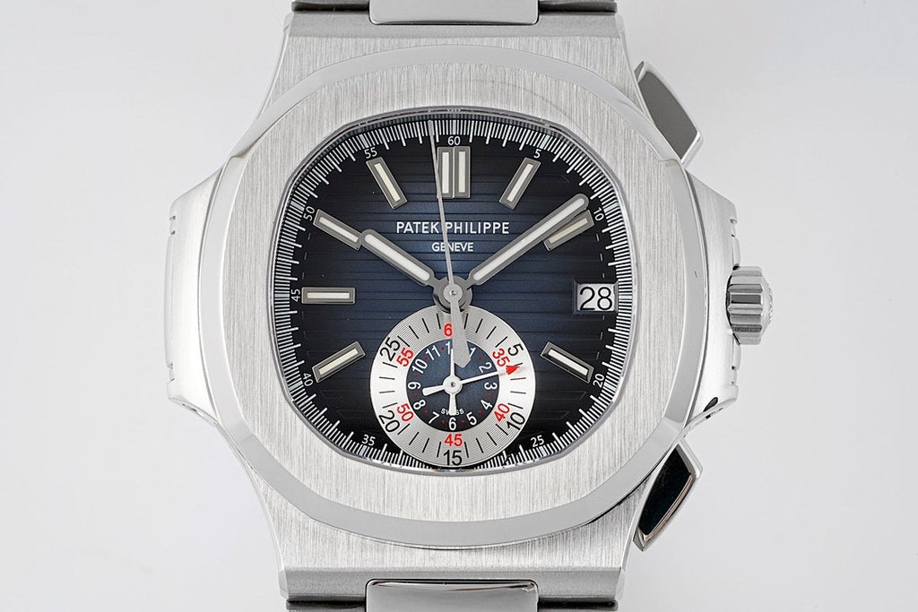 Patek Philippe wristwatch front close-up with dark dial, subdials, and date window