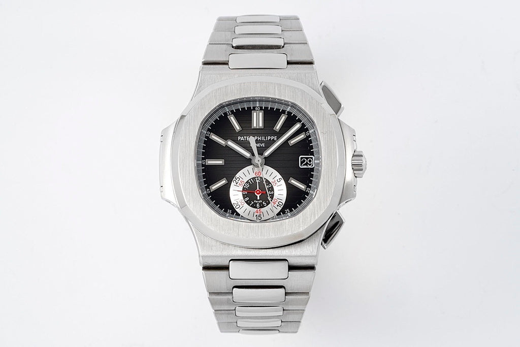 Patek Philippe stainless steel wristwatch with black dial and integrated bracelet.