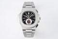 Patek Philippe stainless steel wristwatch with black dial and integrated bracelet.