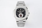 Patek Philippe stainless steel wristwatch with black dial and integrated bracelet.