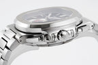 Patek Philippe stainless steel wristwatch showing crown and side case details.