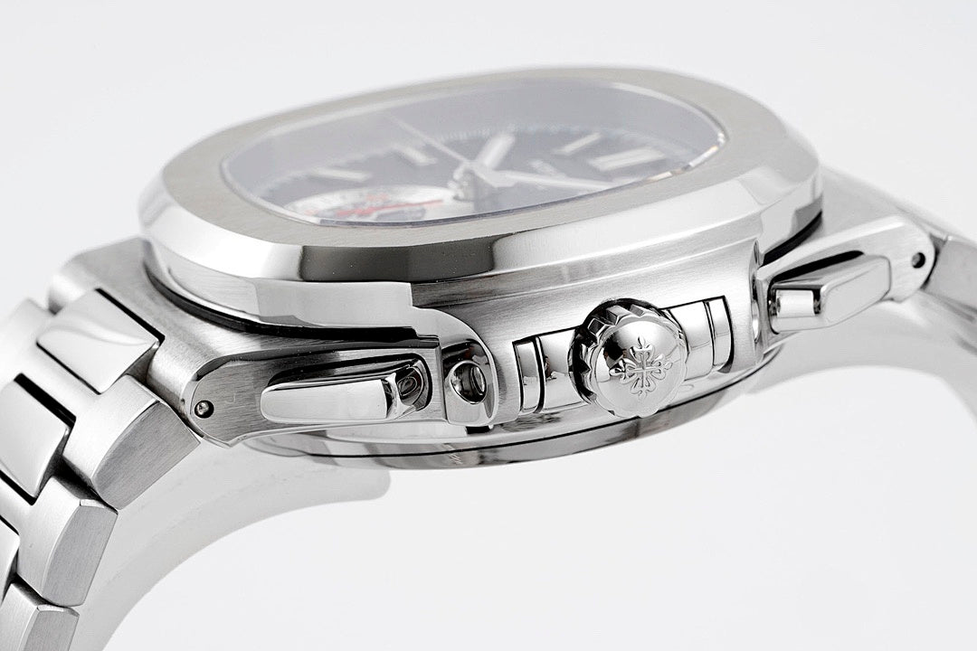 Patek Philippe stainless steel wristwatch showing crown and side case details.