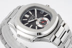Patek Philippe stainless steel wristwatch with black dial and sporty chronograph layout.
