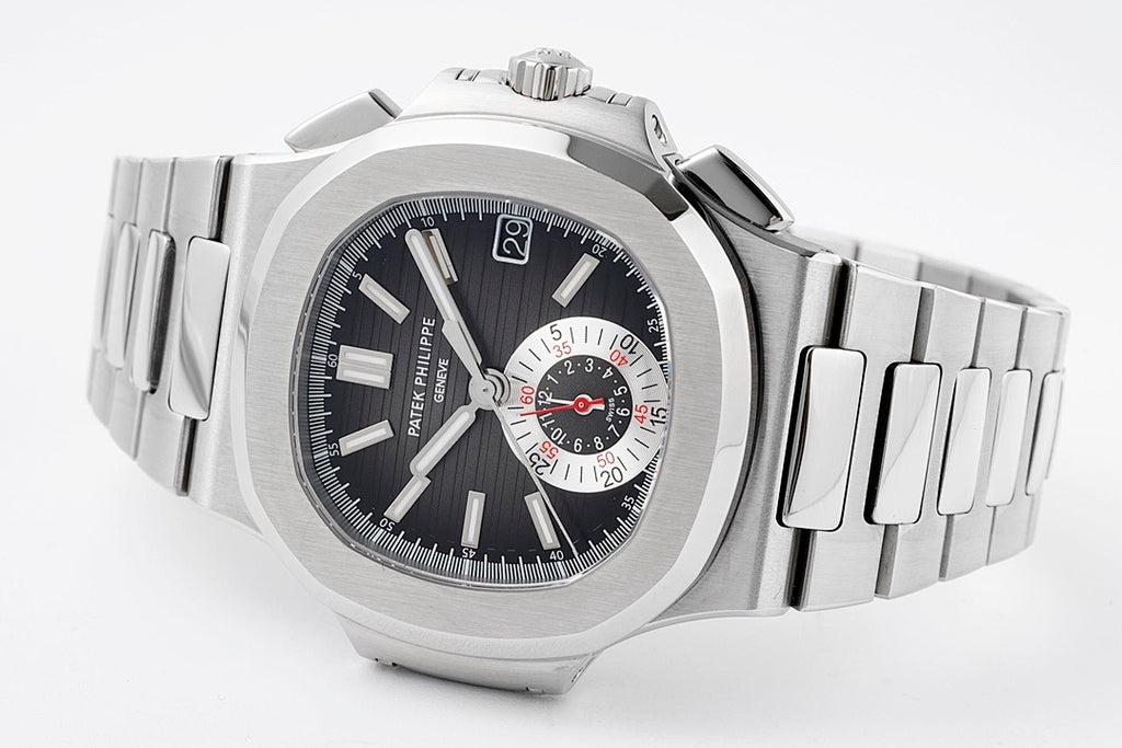 Patek Philippe stainless steel wristwatch front view with black dial and three subdials.