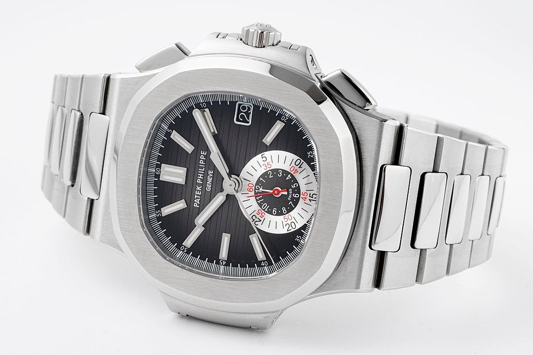 Patek Philippe stainless steel wristwatch front view with black dial and three subdials.