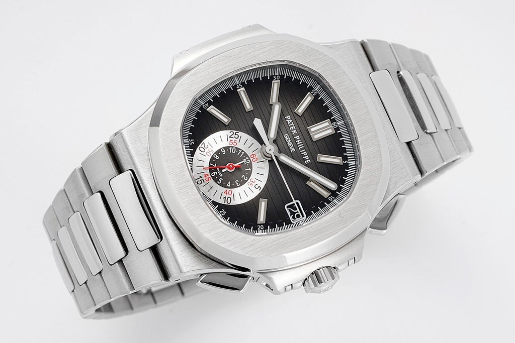 Patek Philippe stainless steel wristwatch angled view with black dial and chronograph markers.