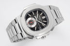 Patek Philippe stainless steel wristwatch angled view with black dial and chronograph markers.