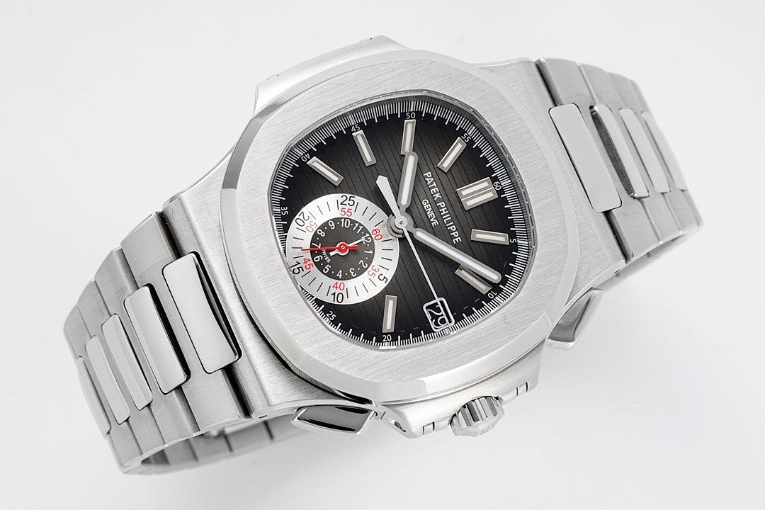 Patek Philippe stainless steel wristwatch angled view with black dial and chronograph markers.