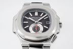 Patek Philippe stainless steel wristwatch close front view with black dial and bezel numerals.