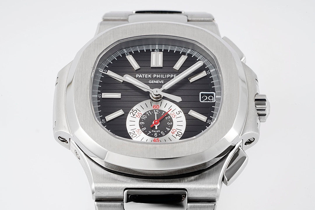 Patek Philippe stainless steel wristwatch close front view with black dial and bezel numerals.