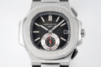 Patek Philippe stainless steel wristwatch straight-on view with black dial and subdials.