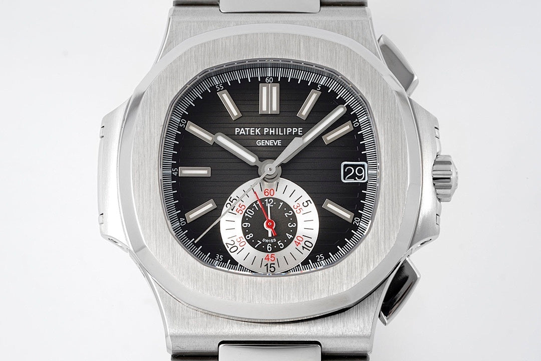 Patek Philippe stainless steel wristwatch straight-on view with black dial and subdials.