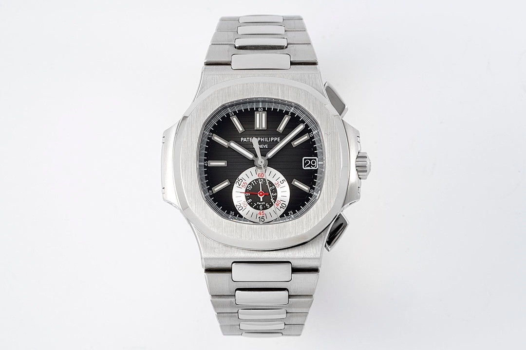 Patek Philippe stainless steel wristwatch, black dial with integrated metal bracelet.