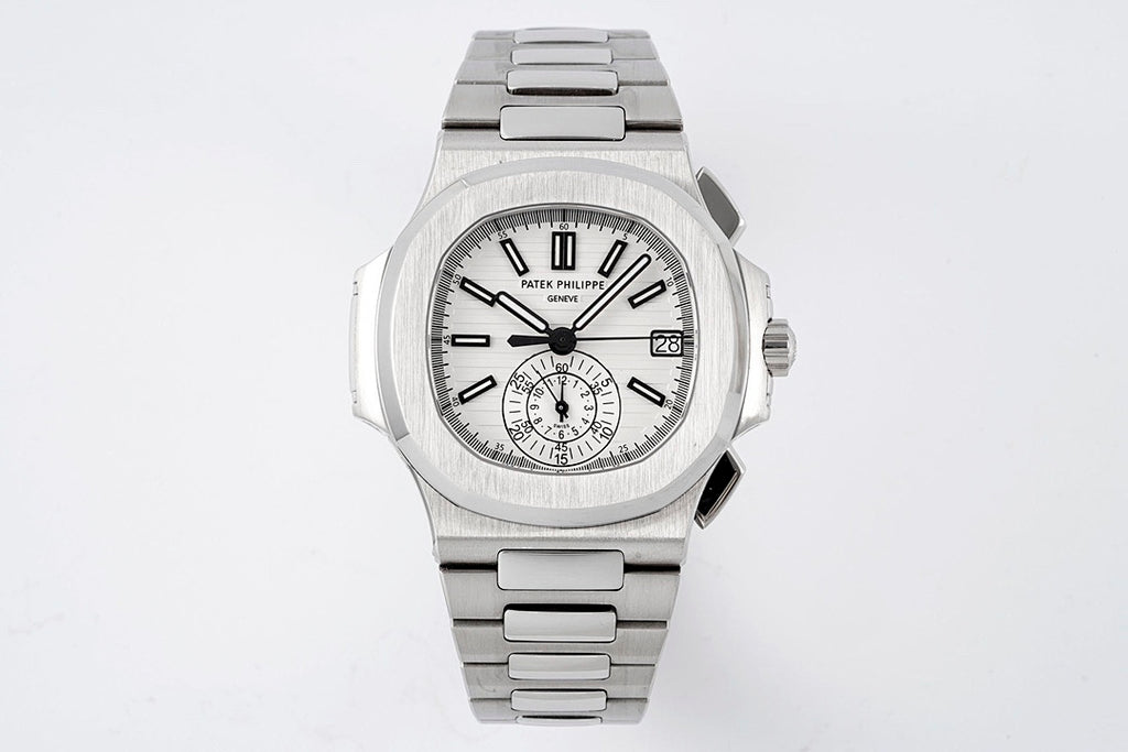 Stainless steel wristwatch with silver bracelet, white dial, black markers and subdials.