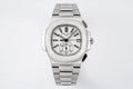 Stainless steel wristwatch with silver bracelet, white dial, black markers and subdials.