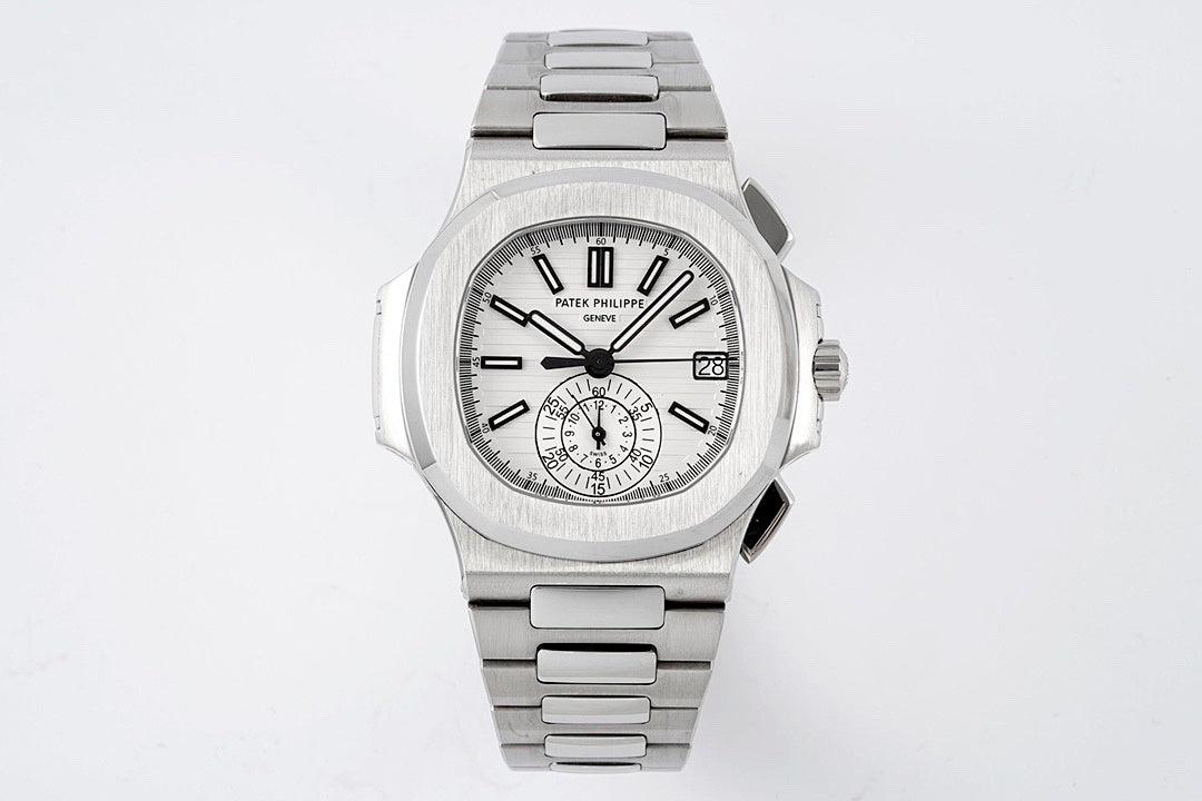 Stainless steel wristwatch with silver bracelet, white dial, black markers and subdials.