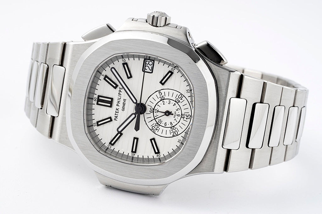 Silver steel wristwatch with white dial, black hands, and multiple subdials.
