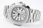 Silver steel wristwatch with white dial, black hands, and multiple subdials.
