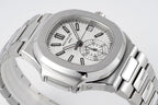 Stainless steel wristwatch with white dial, black hour markers, and crown hardware.