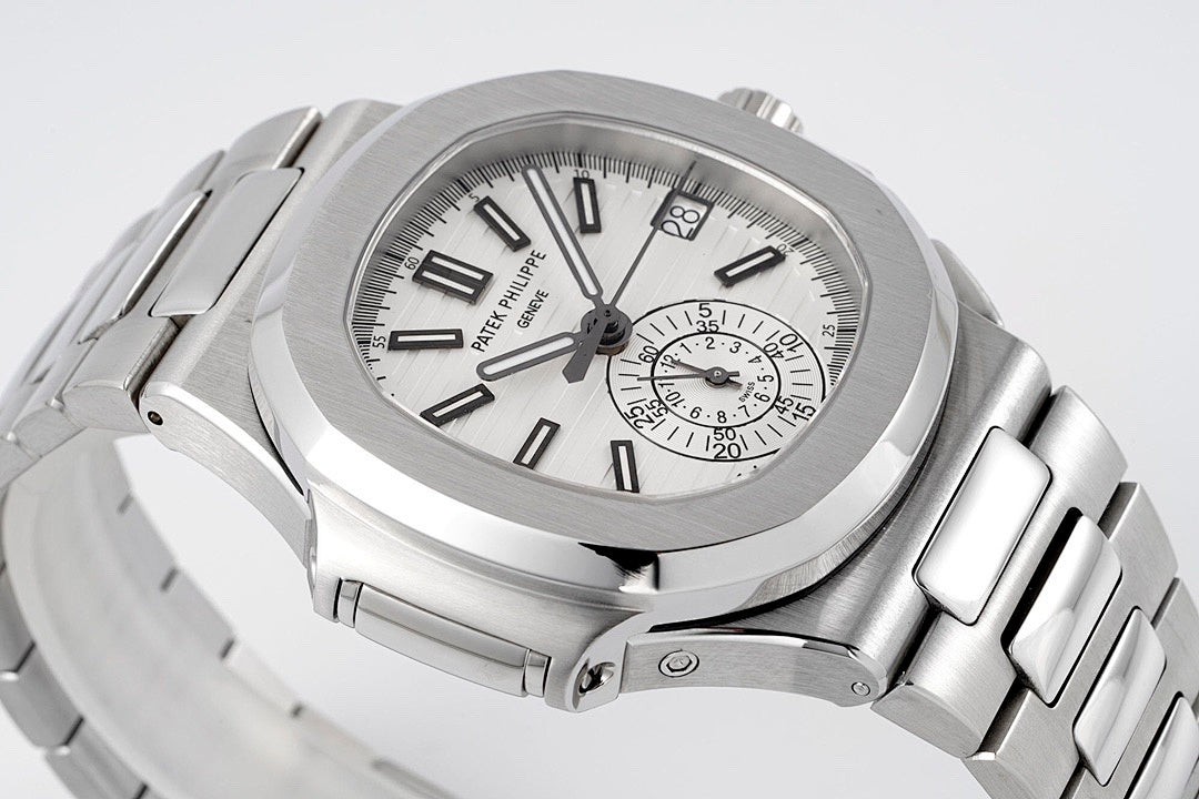 Stainless steel wristwatch with white dial, black hour markers, and crown hardware.