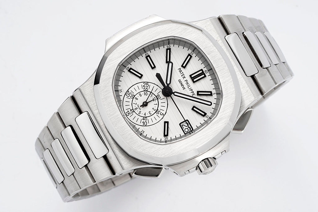 Stainless steel wristwatch top view with white dial, black hands, and three subdials.