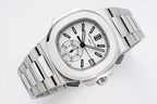Stainless steel wristwatch top view with white dial, black hands, and three subdials.