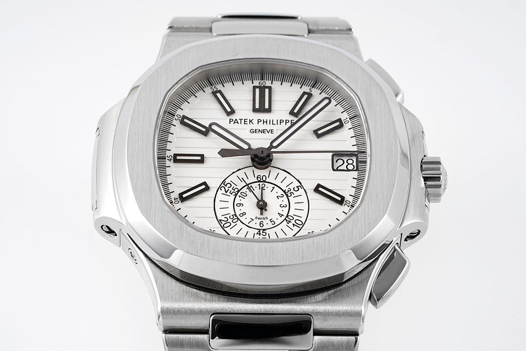Silver wristwatch with white dial, black markers, and date window at 3 o'clock.
