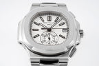 Silver wristwatch with white dial, black markers, and date window at 3 o'clock.