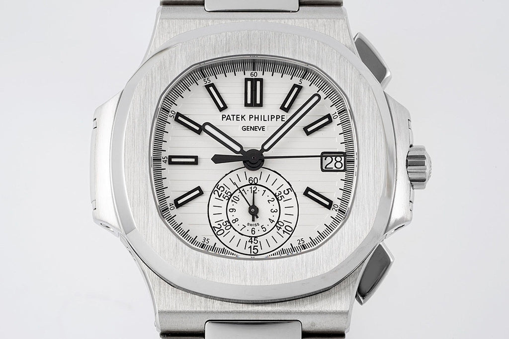 Silver stainless steel watch with white dial, black markers, and subdial at 6 o'clock.