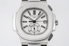 Silver stainless steel watch with white dial, black markers, and subdial at 6 o'clock.