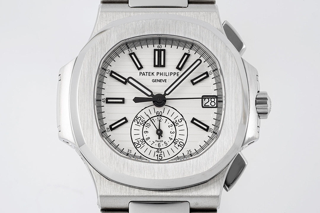 Silver stainless steel watch with white dial, black markers, and subdial at 6 o'clock.