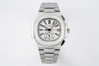 Front view stainless steel wristwatch with silver bracelet and white dial with subdials.