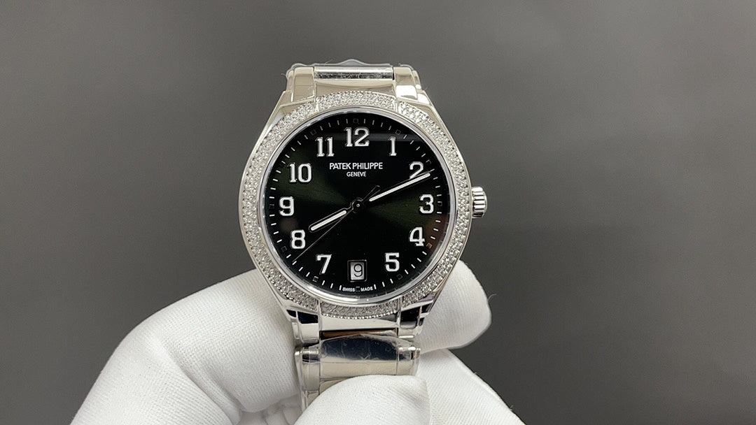 Patek Philippe wristwatch: black dial, silver case, diamond bezel