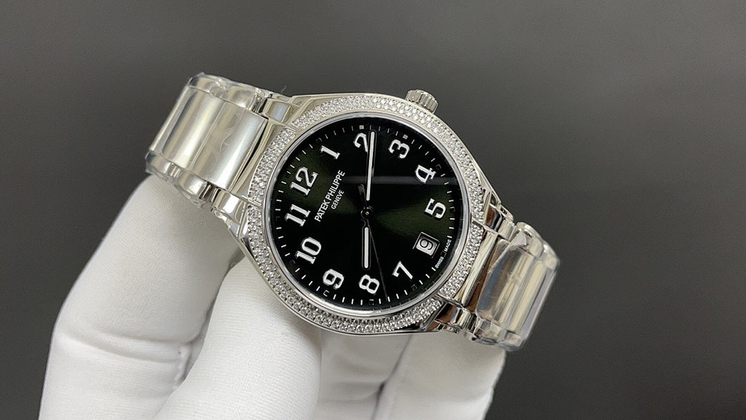 Patek Philippe wristwatch angled view with black dial and silver diamond bezel