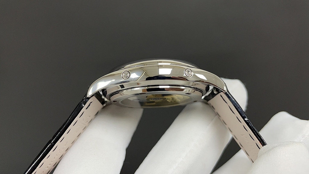Wristwatch stainless steel case side with crown and black leather strap