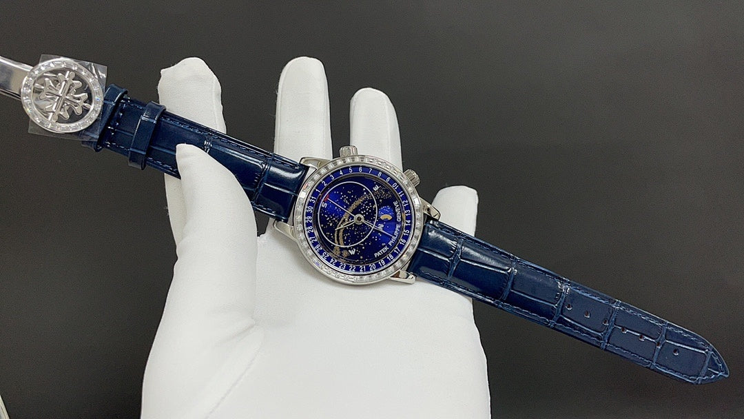 Patek Philippe watch angled view with blue leather strap and blue dial