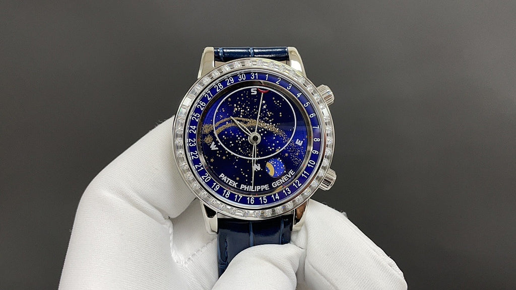 Patek Philippe watch front view with starry blue dial, Roman numerals, and blue strap