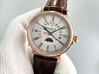 Patek Philippe watch with brown leather strap on white cushion, gold-tone round case, white dial