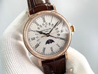 Patek Philippe watch front view with white dial, Roman numerals, and brown leather strap