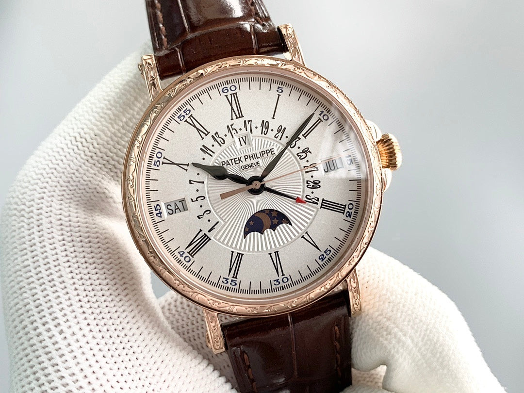 Patek Philippe watch front view with white dial, Roman numerals, and brown leather strap