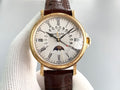 Gold wristwatch with brown leather strap, white dial, Roman numerals and moonphase
