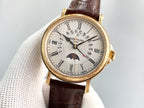 Gold wristwatch with brown leather strap and white dial on knit display
