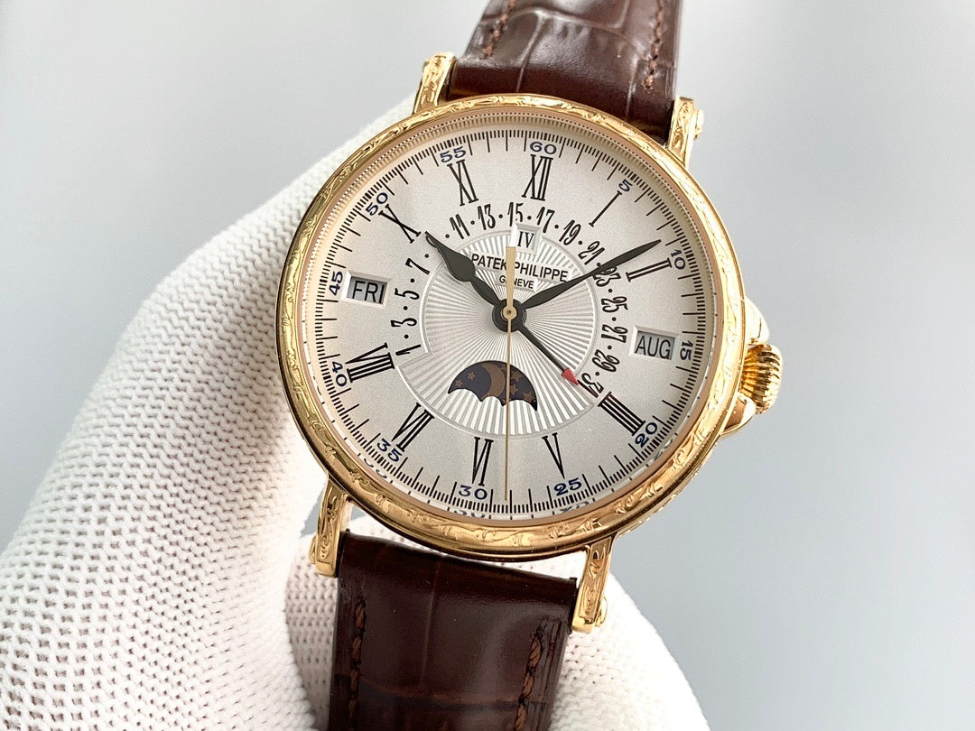 Gold wristwatch with brown leather strap and white dial on knit display