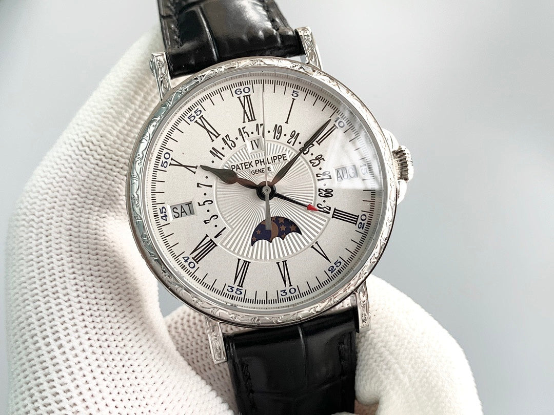 Luxury wristwatch front view with silver dial, black leather strap, and Roman hour markers