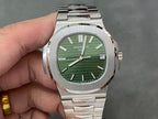 Patek Philippe wristwatch with green dial, steel bracelet, and date window at 15
