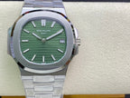 Patek Philippe watch with green dial, silver bezel, and metal bracelet, front view