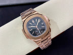 Rose-gold wristwatch angled view with blue dial and date window at 3