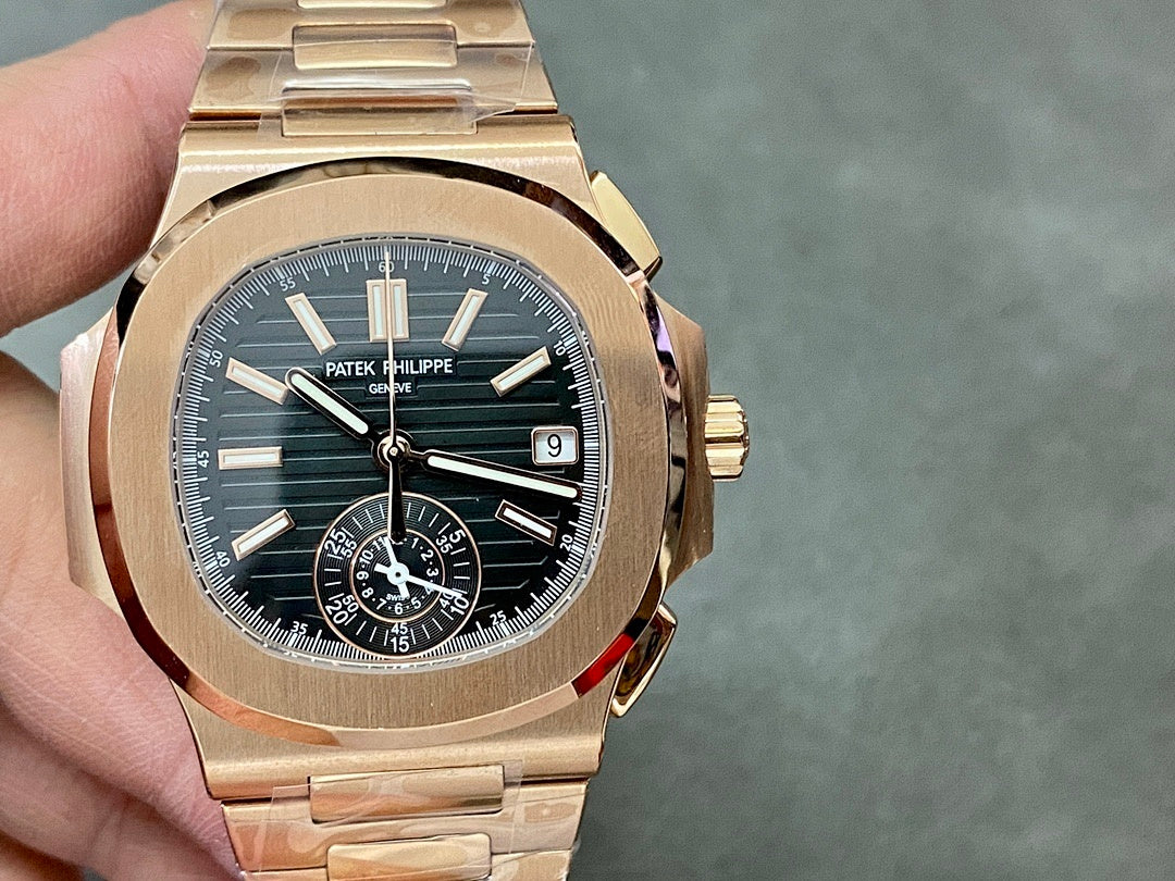 Patek Philippe watch front view with rose-gold case, dark dial, and day/date window